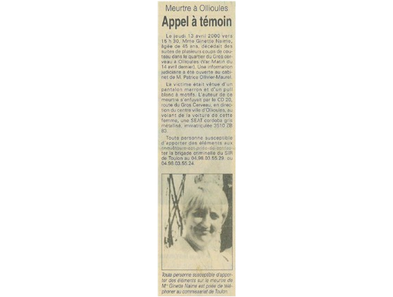 Article de presse au sujet du meurtre de Ginette Naime